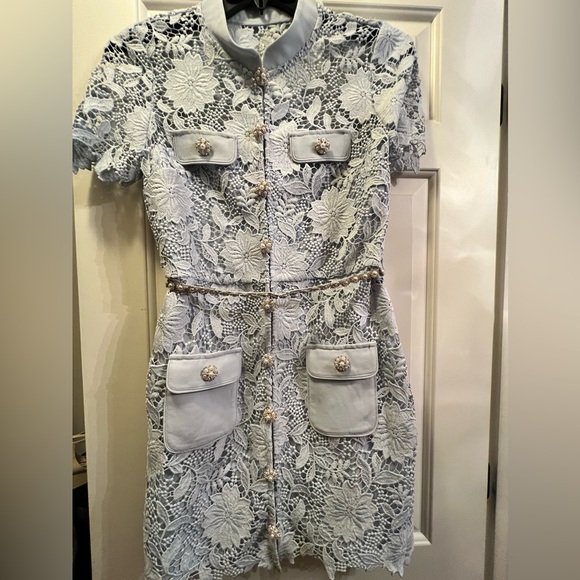Blue lace mini Self-Portrait dress with crystal belt and cute button details. - Picture 3 of 8